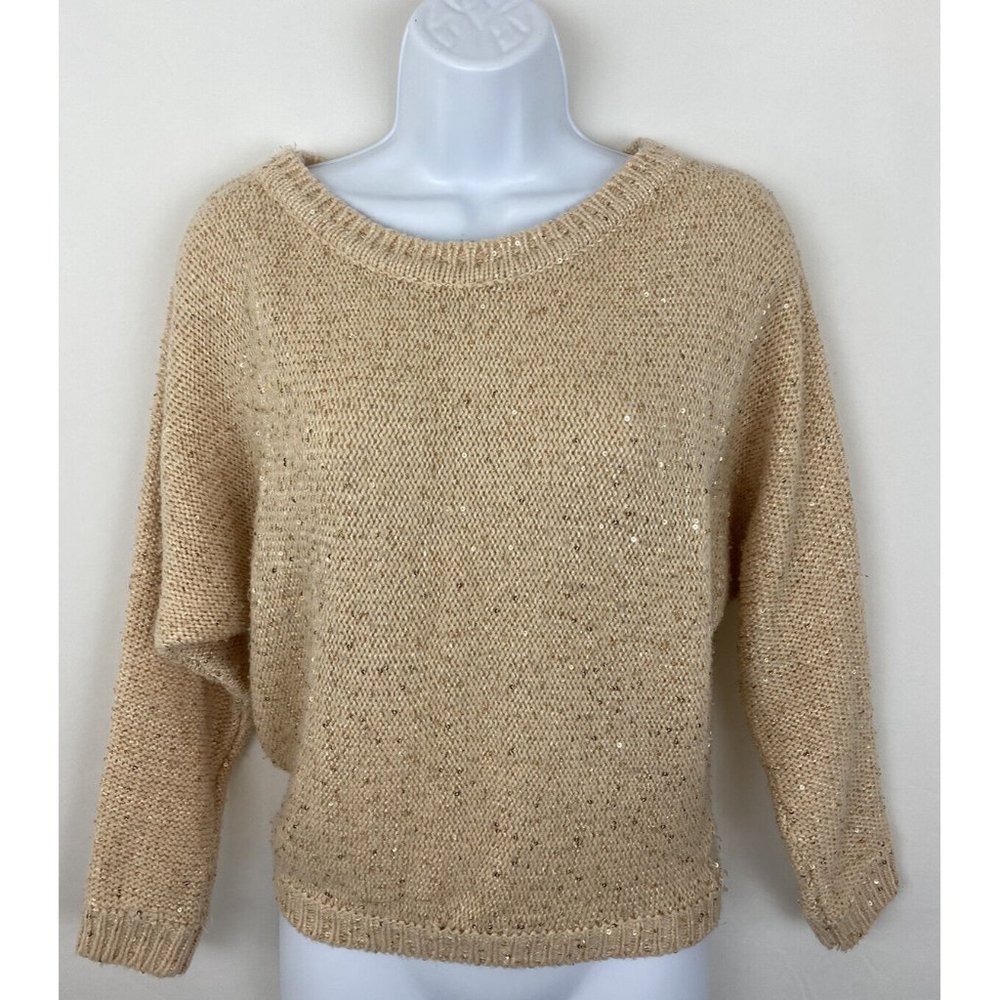 Poof Couture Large Pink Sparkly Gold Sequins Boat Neckline Knit Sweater